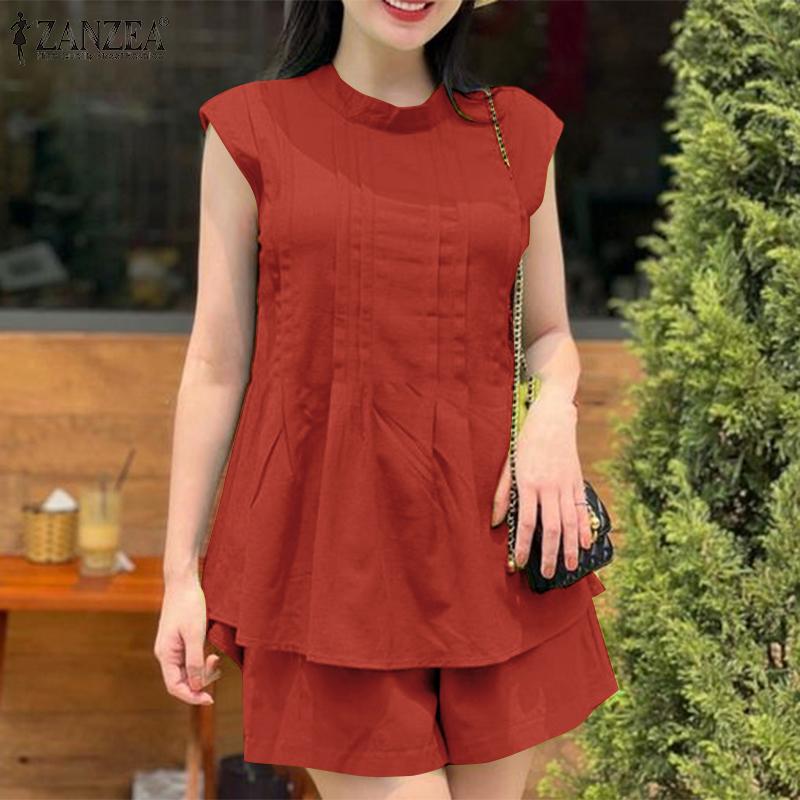 

ZANZEA Женский летний топ с воротником-стойкой, полосатый топ с короткими рукавами, шорты с эластичной резинкой на талии, комплект из двух предметов