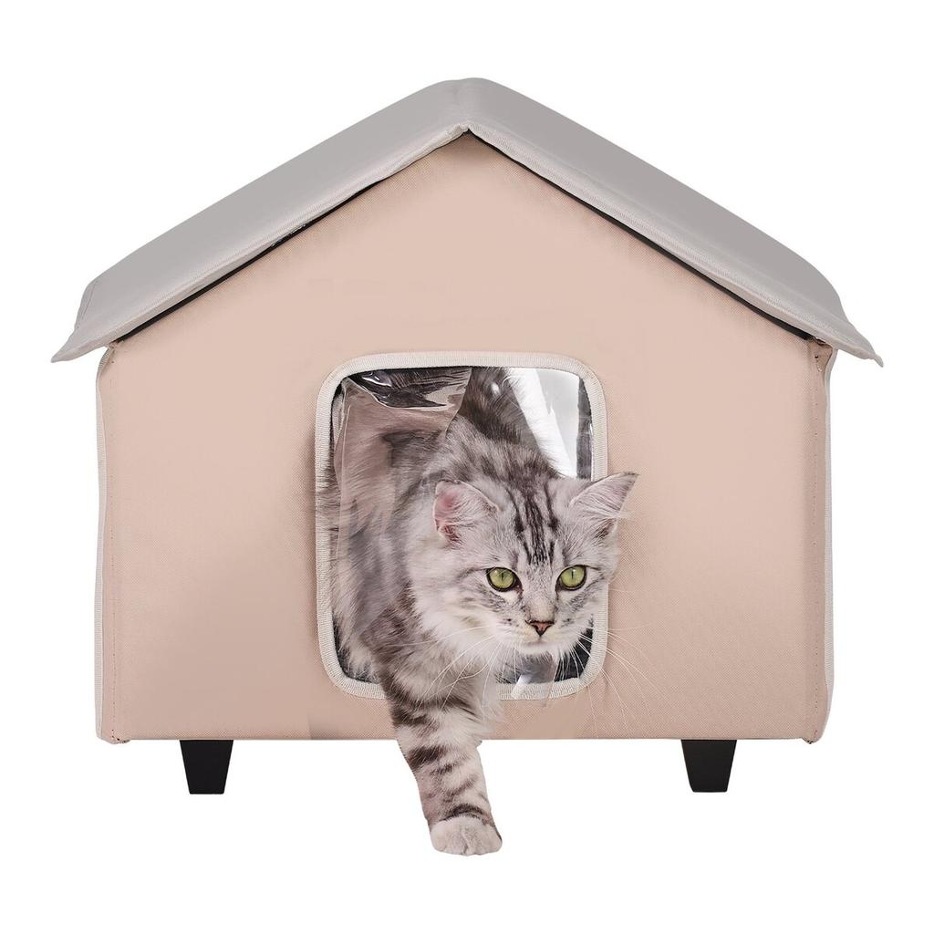Elevated Heated Cat House Kitty Shelter with Heated Pad Brown Middle