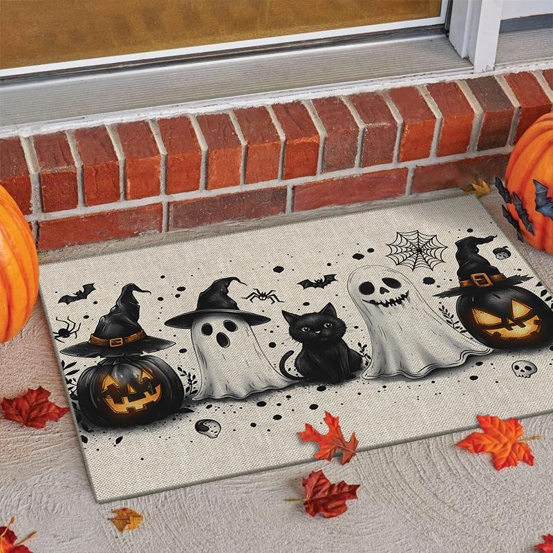Halloween Theme Door Mat With Cute Pumpkin Ghost Black Cat Spider Patterns Soft Decorative Entryway Rug For Home Indoor