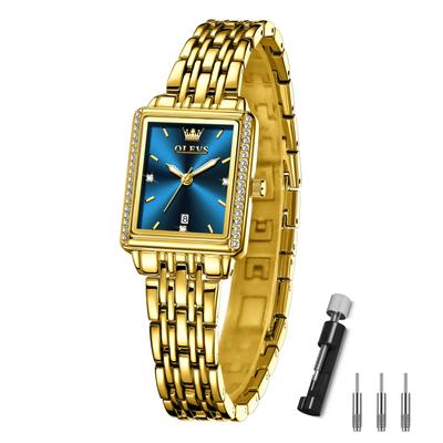OLEVS Golden Watch for Business Arm Ladies Metal Ladies Blue Dial Women's Watch, Square, Gold, Popular, Women, Waterproof, Quartz, Women's Watch,