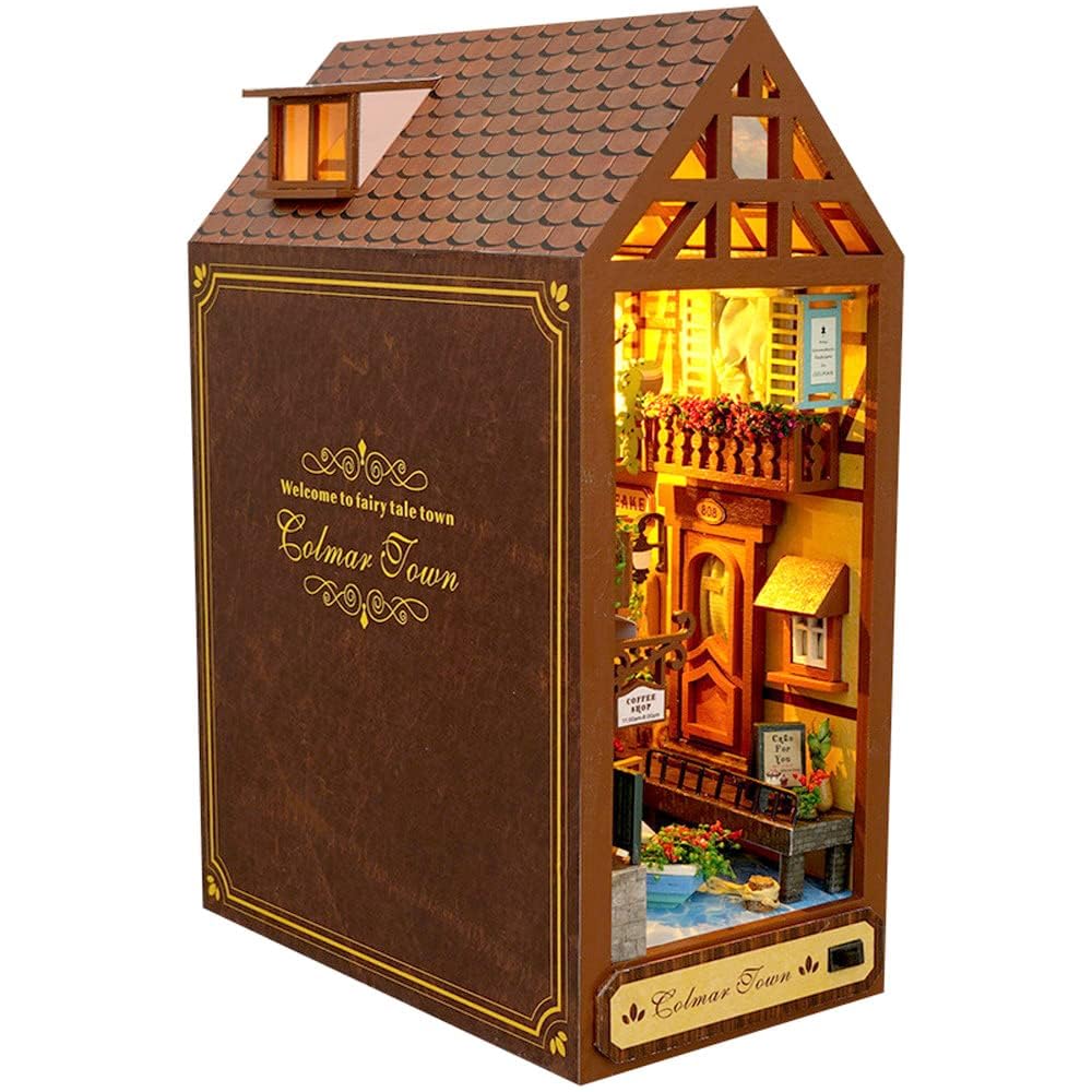 Moin Moin Dollhouse Miniature DIY Kit with LED Light Retro Book Design for Beginners