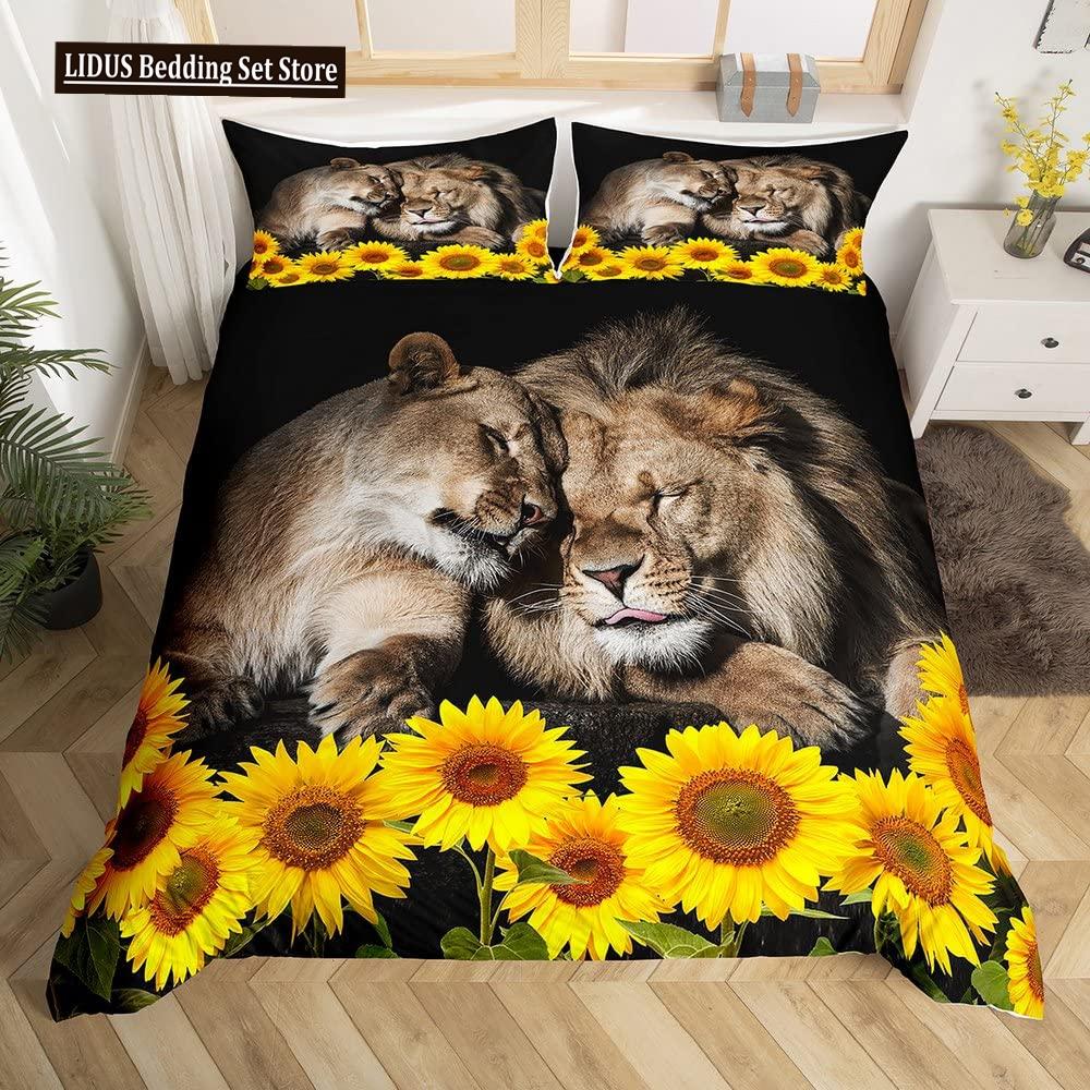 Lion Rose Duvet Cover Sets King Size Animal Floral Print Polyester Comforter Cover Nature Theme Bedding Set For Kids Adult Teens
