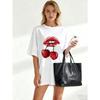 Black Oversized T Shirt With Red Lips And Cherries Print For Casual Wear