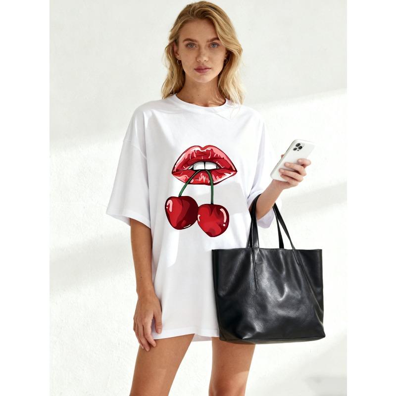 Black Oversized T Shirt With Red Lips And Cherries Print For Casual Wear