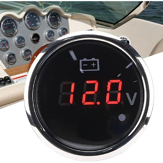 Marine LED Voltmeter, 2 Zoll 316 Edelstahl Batteriewechselspannungsanzeige LED Digitalanzeige IP67 Smart Alarm Universell für Auto Boot Auto, Rotes Warnlicht