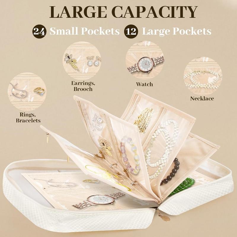 Travel Jewelry Organizer Bag Transparent Zippered Velvet Pouch Earring Ring Necklace Storage Case with Detachable Pages