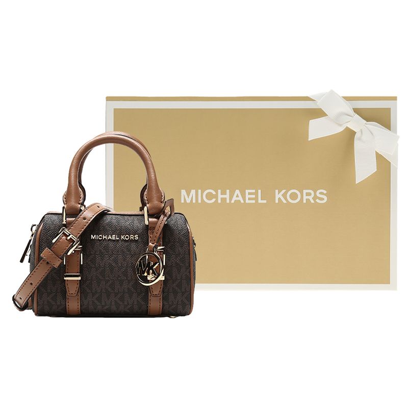 Michael Kors Bedford Metallisches Logo-Anhänger Monogramm Farbblock Crossbody-Tasche Boston-Tasche Damen-Handtaschen Eichelbraun 32F9G06C0B-252
