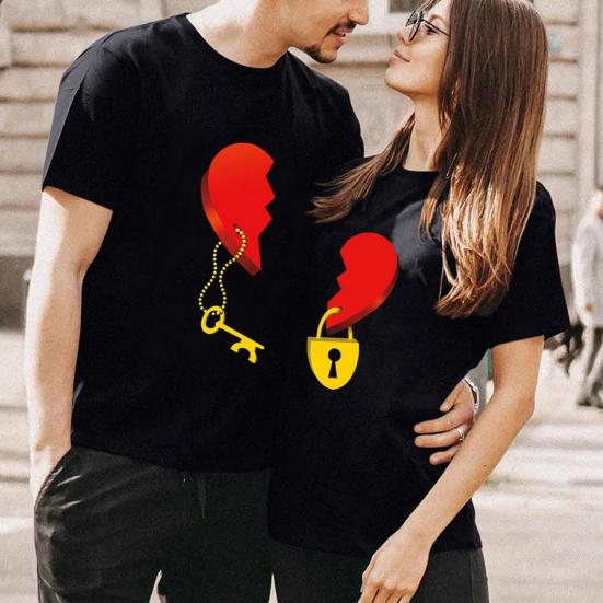 Women Men T-shirt Loose Dress Up Matched Heart Chic Anniversary Couple for Home