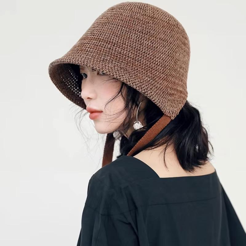 New Japanese Harajuku Lolita-Inspired Knit Bucket Hats Women Ribbon Bow Fisherman Caps Summer Lowy Tie Breathable Beach Sun Hat
