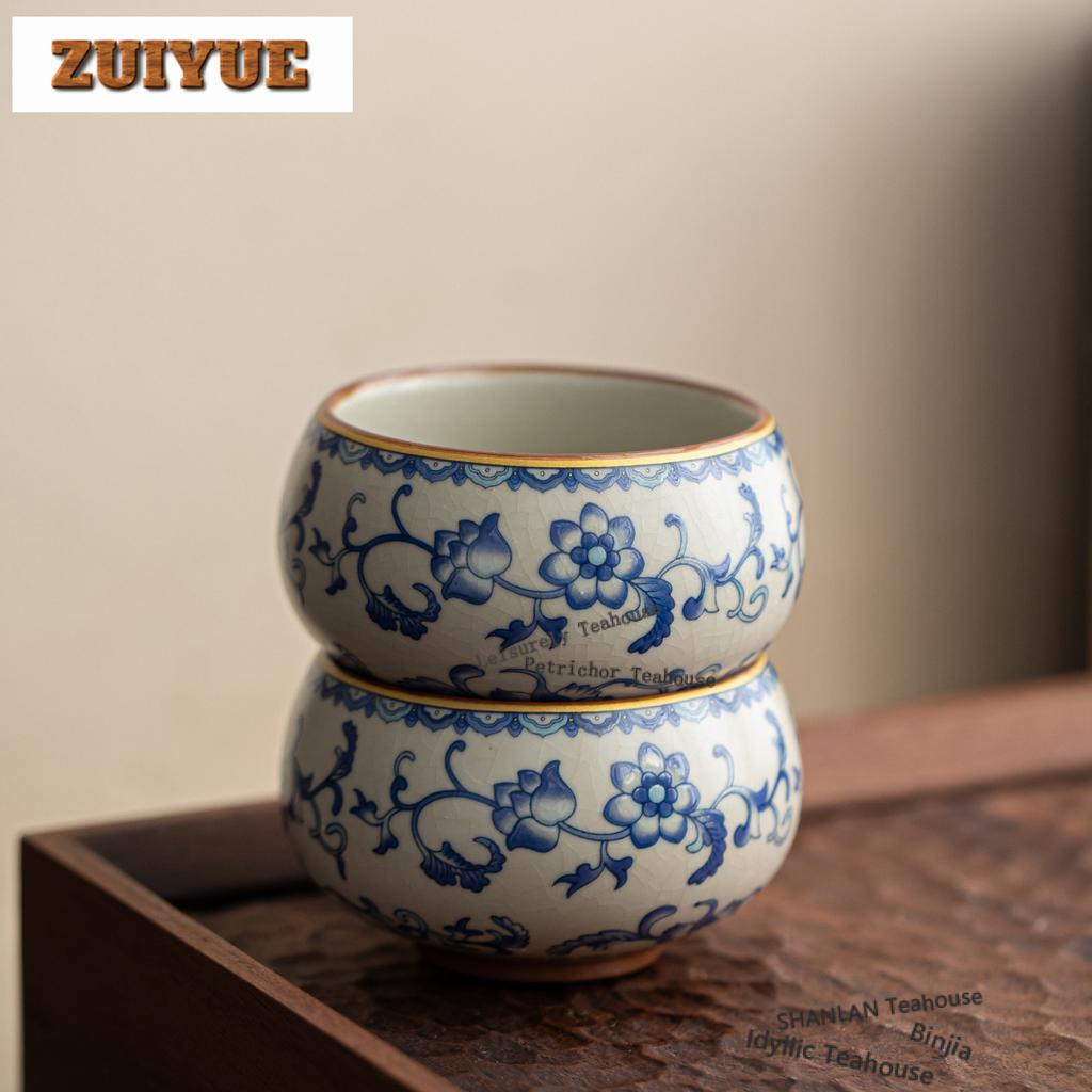 90ml Ru Kiln Interlock Branch Lotus Decoration Teacup Zen Tea Bowl Mug Tea-tasting Smelling Cup Jianzhan Master Cups Collection