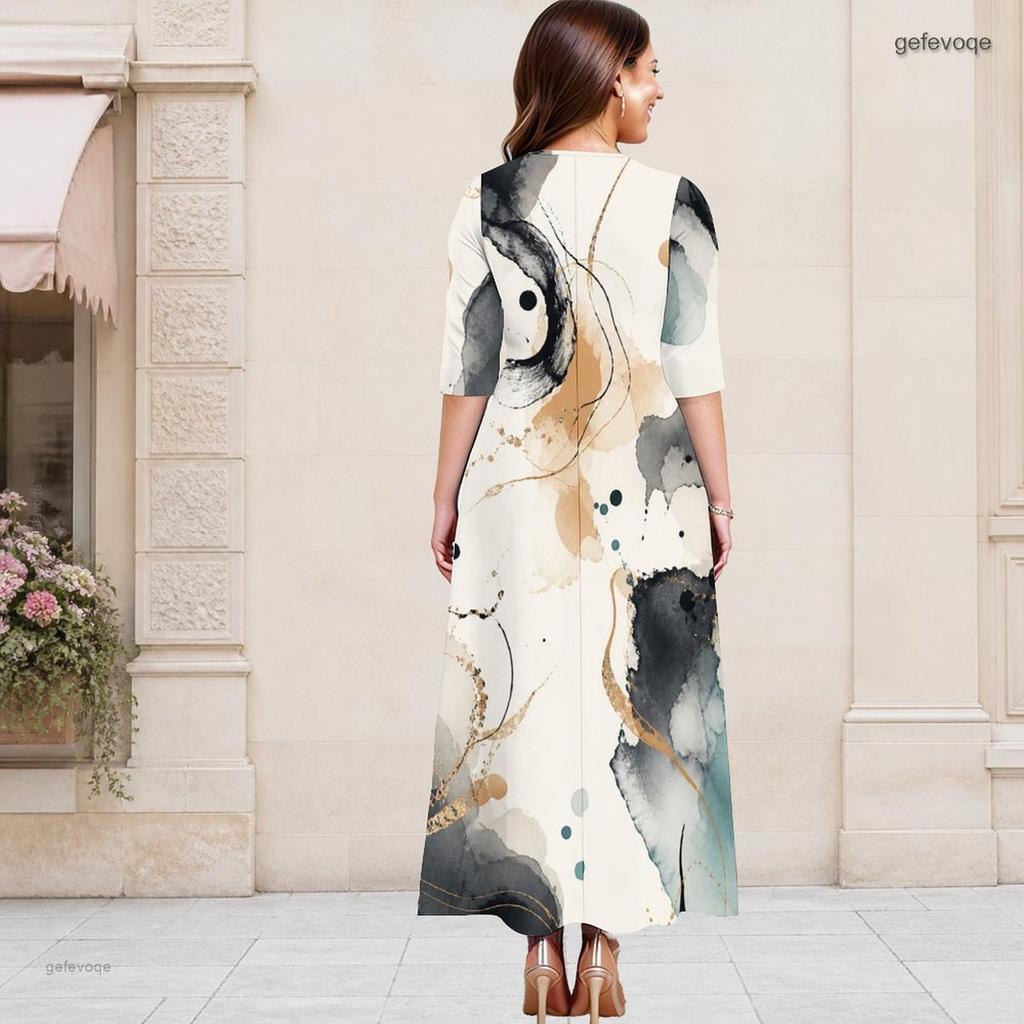 Women Plus Size Keyhole Round Neck 3 4 Sleeve Blue Floral Print Long Maxi Dress