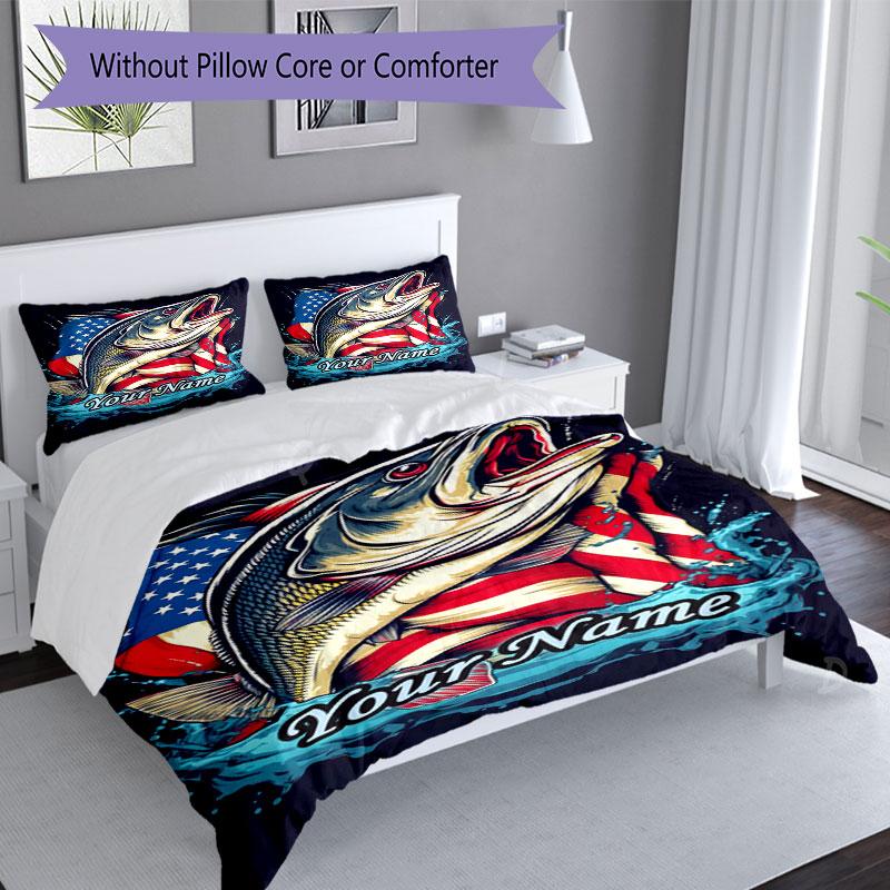 3PC Custom Name American Bass Flag Art Bedding Set Duvet Cover Closure Includes 1 Duvet Cover & 2 Pillowcases for Bedroom