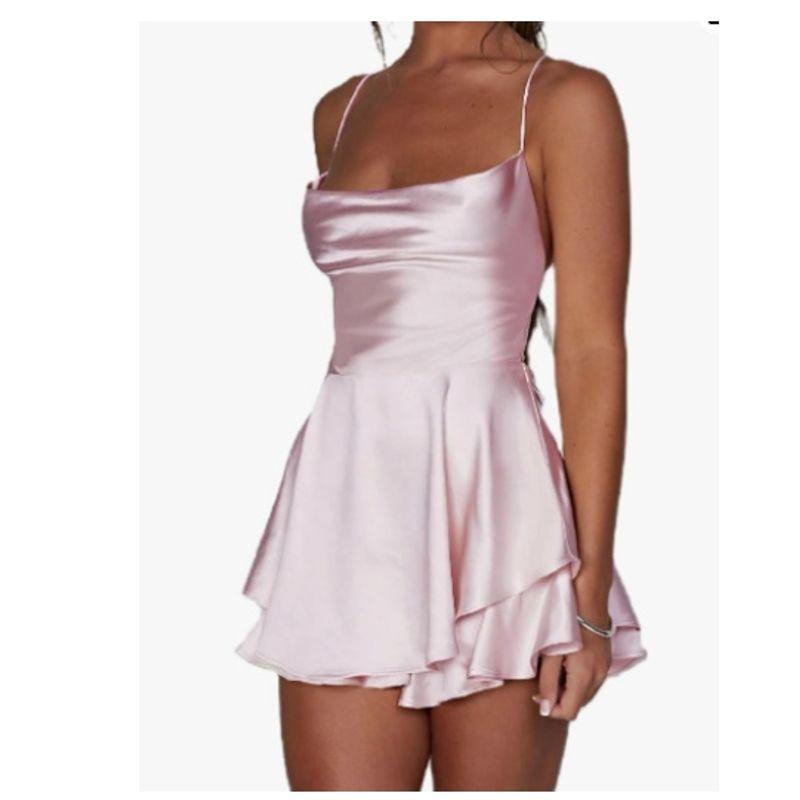 

Bare Back Dress Elegant Layered Birthday Satin Pink L