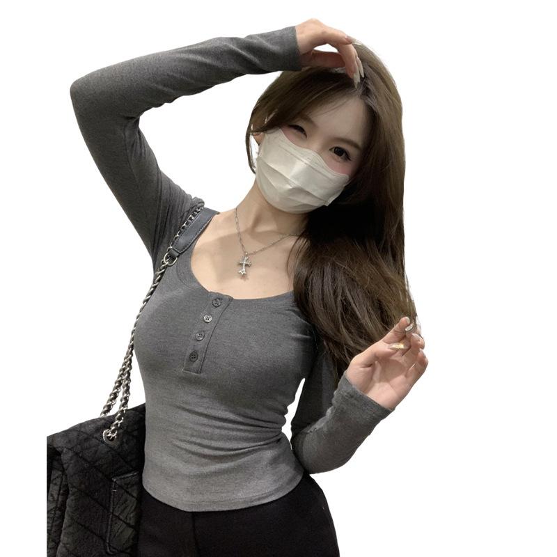 Pure Desire Spice Girl Tight U-neck Long-sleeved T-shirt Women's Autumn and Winter New Inner Cover, Slim and Thin Short Top