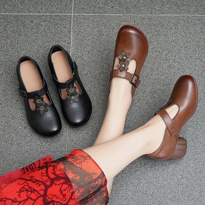 Single Shoes Women Chunky Heel Soft Bottom Mid Mouth Shoes Women Head Cowhide Buckle Leather Shoes