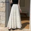 2026 New Arrival Spring Summer Women Long Lace Skirt Elastic Waist White Black Hollow Out Skirt Delicate Feminine Elegant Embroidery Skirts Womens