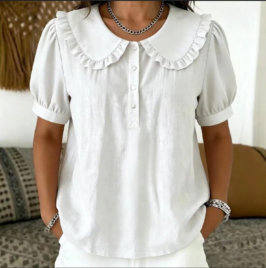 Amazon summer new women s clothing solid color loose medium sleeve doll collar lantern sleeve shirt cotton and linen shirt women S белый
