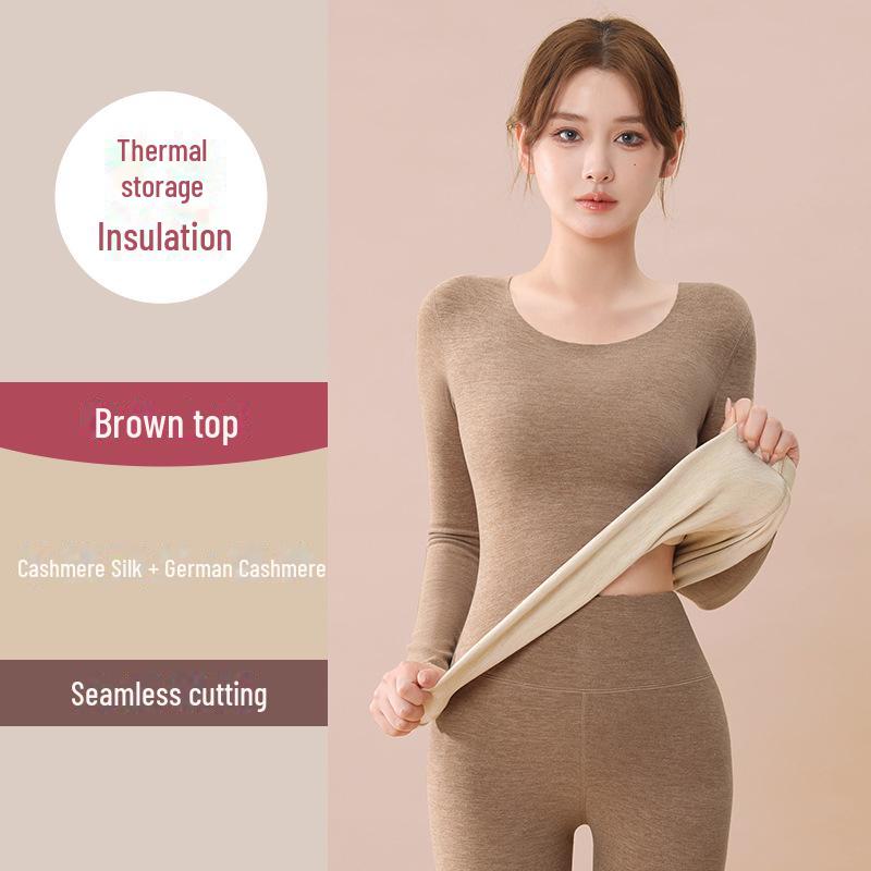 Women's 2024 German Wool Thermal Underwear Set: Seamless Cashmere Silk Shirt & Trousers with Velvet Lining for Autumn/Winter.