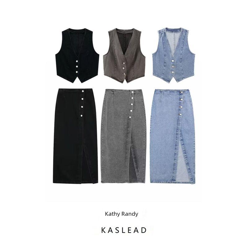 Kaslead New Arrival Women's Clothing Fashion Style Fashion Vest Double Breasted Denim Skirt 6147057 6164219