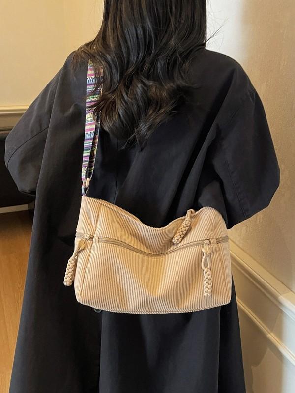 No Brand Casual Corduroy Shoulder Bag With Zipper Closure For Daily Use