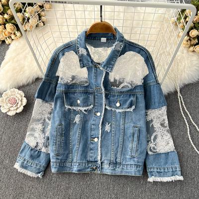 Frühling Herbst Frauen Stickerei Spitze Patchwork Denim Mantel Umlegekragen Jeans Jacke Oberbekleidung