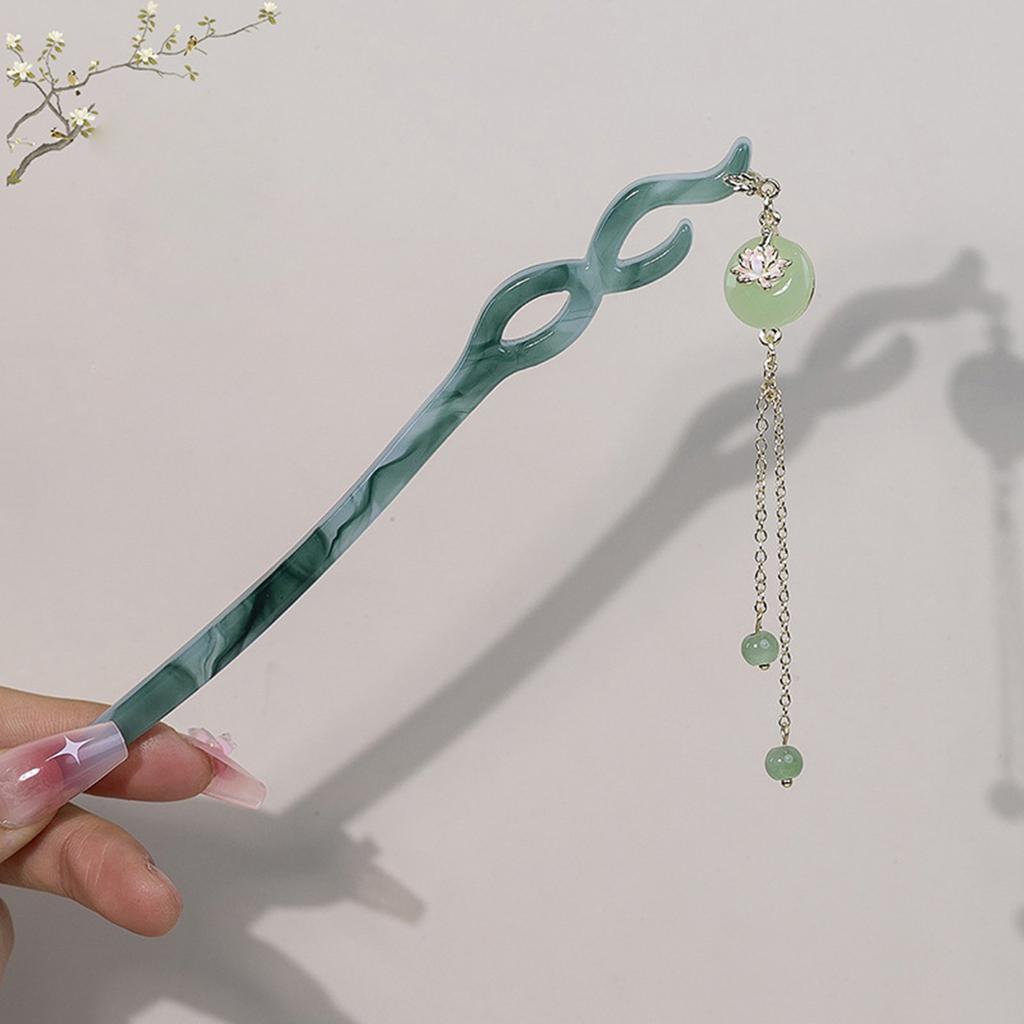 Ancient Chinese Style Hairpins Gradient Green Color Resin Hair Sticks Forks Chain Tassel Pendant Headpieces Hair Bun Maker