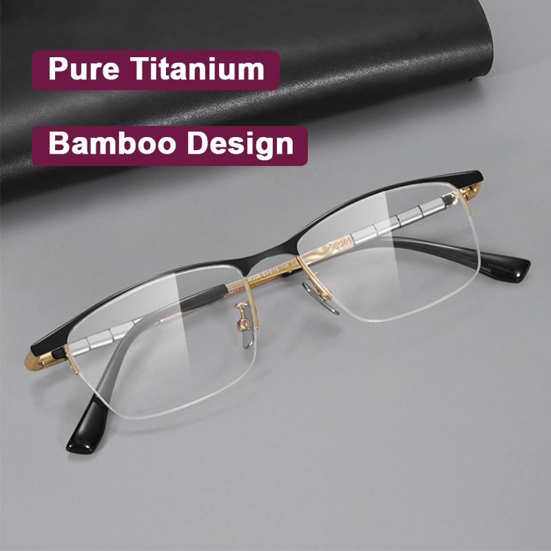 Men Business Half-frame Glasses Pure Titanium Square Eyeglasses Bamboo Knot Design Eyebrow Eyewear Gentleman Spectacle