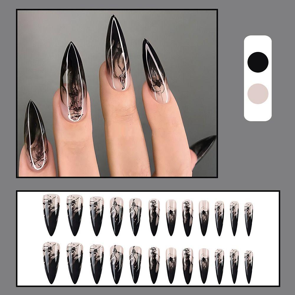24/30PCS Detachable Spice Glitter False Nail Gilt French Flower Smudging Fake Nail Full Cover Love Press on Nails for Women Girl