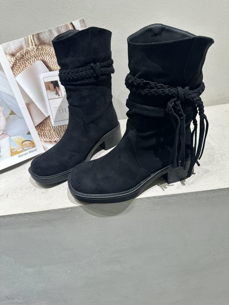 

Coarse heel fringed boots Children s autumn and winter retro short boots Wasteland wind wrinkled piled boots Medium tube suede cowboy boots 40 чёрный