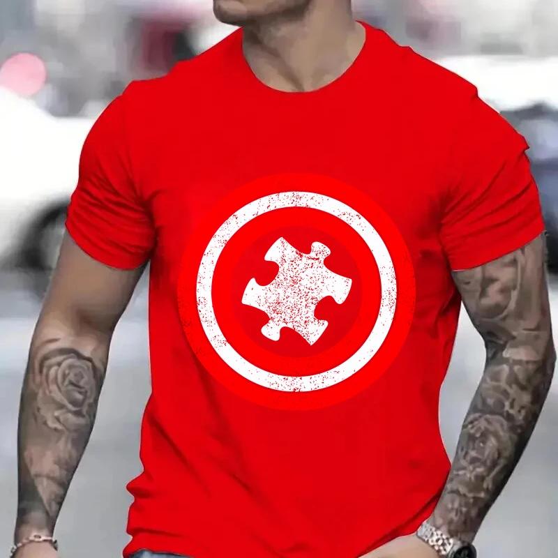 Man Tees Captain Autism Red and Blue Hero Shield Printed T Shirt Y2K Clothes Men's Clothing Hip-Hop T-shirt Men Streetwear Tops