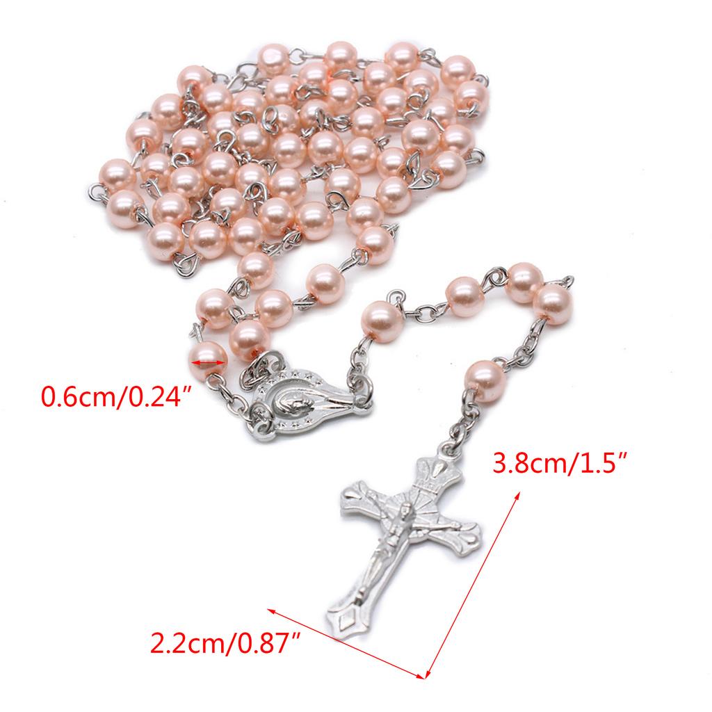 Pink Pearl Cross Rosary Necklaces Bead Hangable Pendant Charm for Women Men Praying Meditation Gift Supplies