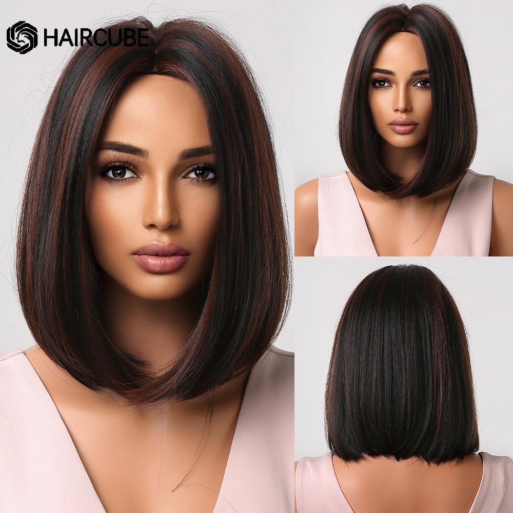 Medium Length Ombre Brown To Blonde Straight Hair Wigs with Bangs Synthetic Wigs for Women Cosplay Heat Resistant Natural Wigs