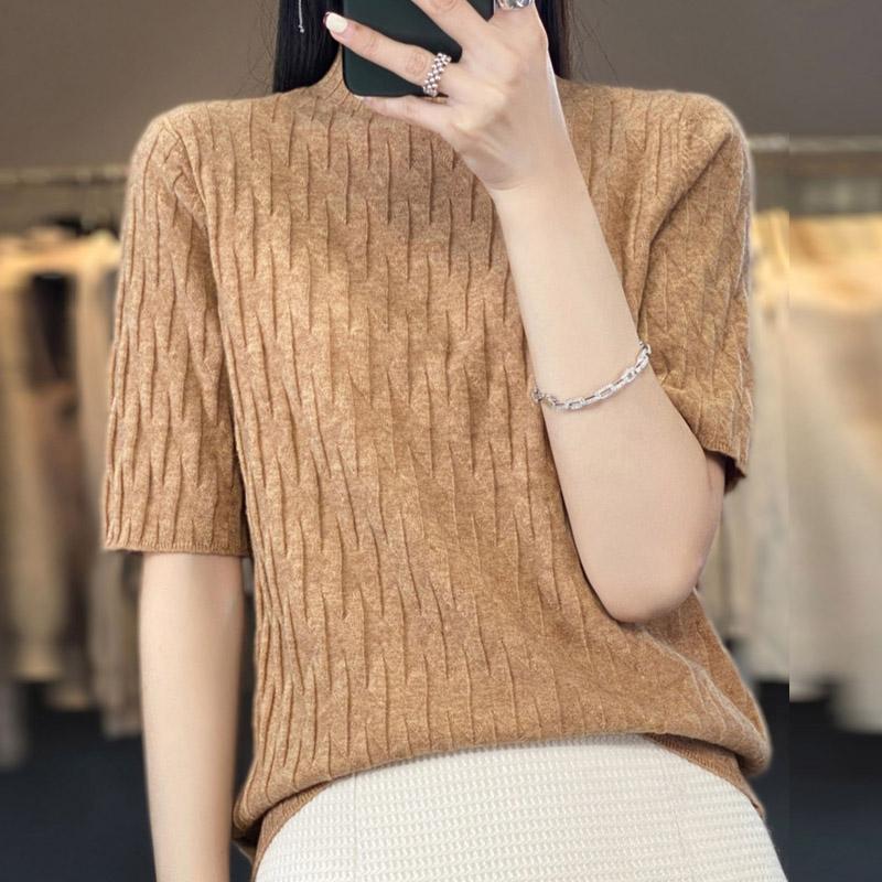 Damen Pullover 2025 Sommer Kurzarm Halber Rollkragen Schwarz Weiß Strickpullover Damen Oberteile Pullover JJ301