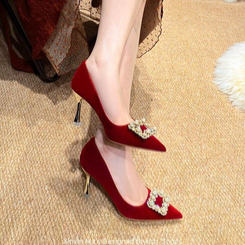 Retro Style Pearl Square Buckle High Heels Bridal Shoes Pointed Toe Stiletto Heel Toast Red Single Shoes