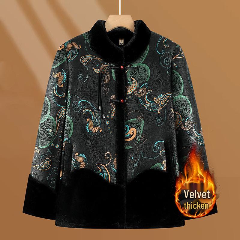 

Elegant Winter Fur Coat for Middle-Aged & Elderly Women, Plus Velvet, Thickened Cotton, Short Style 4XL зелений