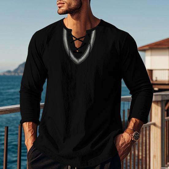 Camicia Casual da Uomo con Lacci Scollo a V Vestibilità Ampia Maniche Lunghe Camicia Vintage Etnica Boho Primavera Autunno Cotone Traspirante Felpa Top da Uomo