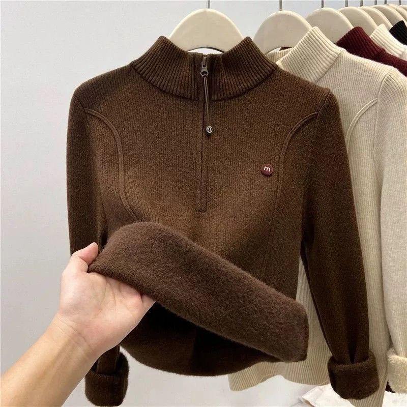 Autumn Winter Women's Thickened Stand Up Collar Sweater Half Open Collar Zipper Velvet Warm High Neck Pullover