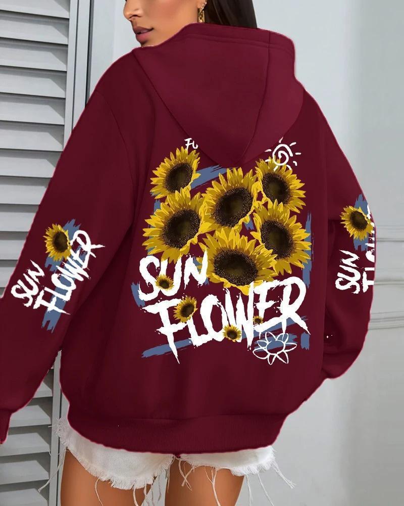 Damen Hoodie mit Sonnenblumen-Graffiti-Print, lockere Passform, mit Taschen
