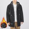 Men's Winter Fleece-Lined Loose-Fit Denim Jacket with Hood - Trendy Mid-Length Lambskin Windbreaker