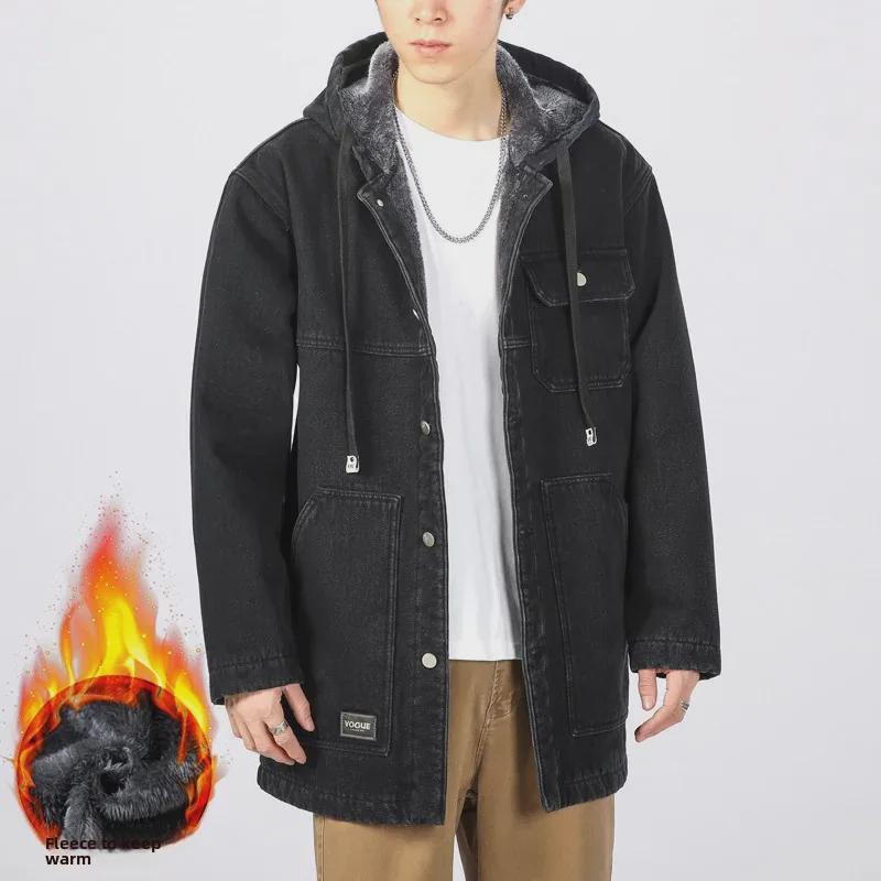 Men's Winter Fleece-Lined Loose-Fit Denim Jacket with Hood - Trendy Mid-Length Lambskin Windbreaker