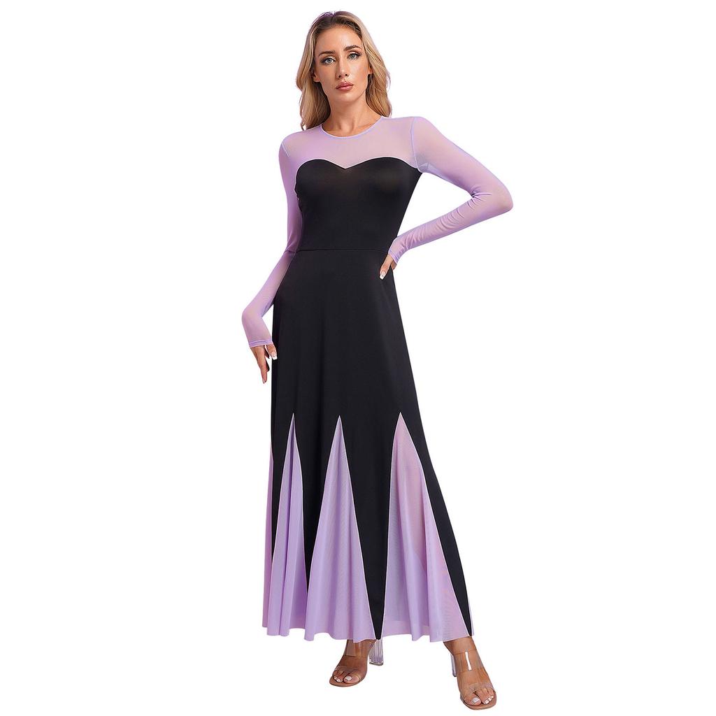 Maxi Abito da Donna Scollo a Cuore Manica Lunga Patchwork Orlo a Sirena