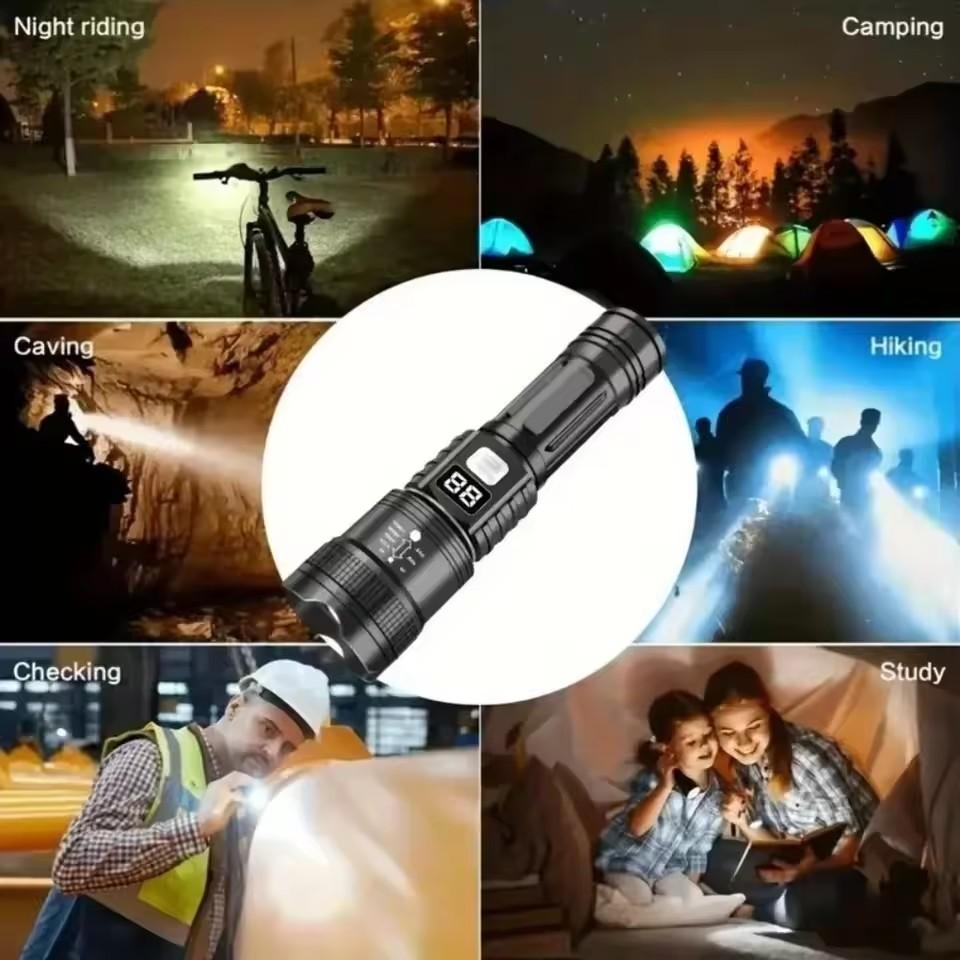 Lanterna LED Potente com Visor de Bateria Lâmpada Recarregável USB Lanternas Zoomáveis Lâmpada de Acampamento ao Ar Livre Lanterna à Prova d'Água para Pesca