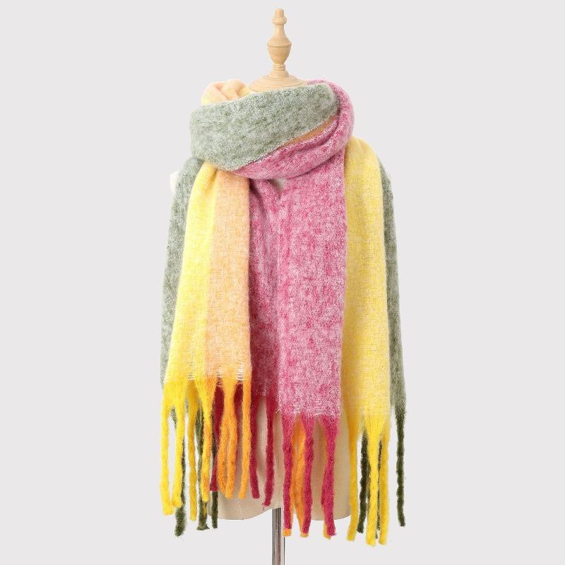 Color matching mohair scarf women's autumn and winter advanced sense thickened warm versatile scarf simple versatile scarf