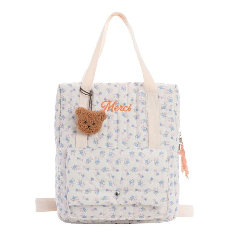Kid Cotton Quilted Backpack With Floral Prints For School And Travel