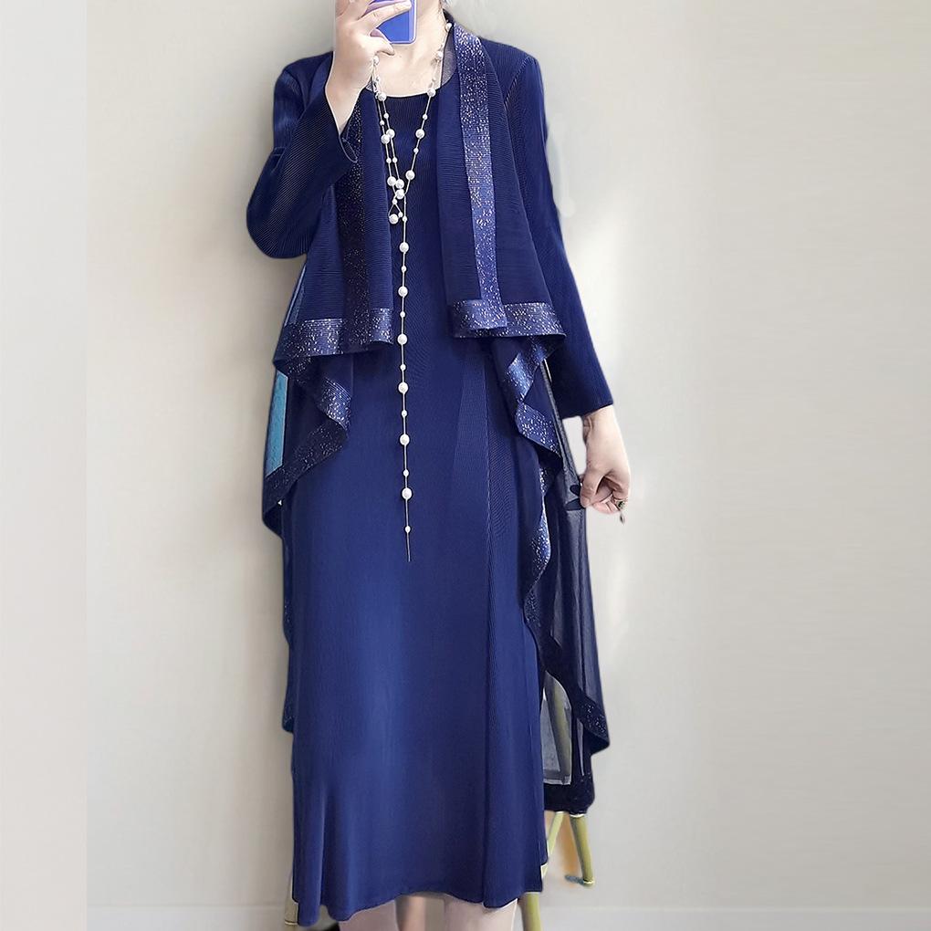 

Жіночна елегантна плісирована сукня міді - Молодіжна, з довгим рукавом, імітація костюма-двійки, весняне вбрання One Size