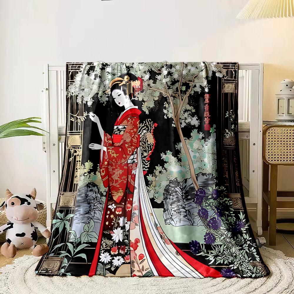Geisha in Red Kimono Under Tree print blanket soft and cozy perfect for the living room bed sofa or a nap,gift