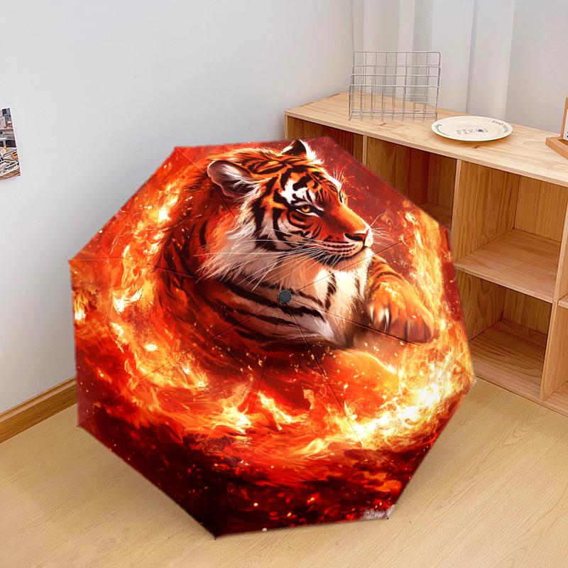 1 PC Automatic Folding Umbrella - Flaming Tiger Pattern, Portable & Foldable Design with 8 Ribs, Christmas Birthday Gifts