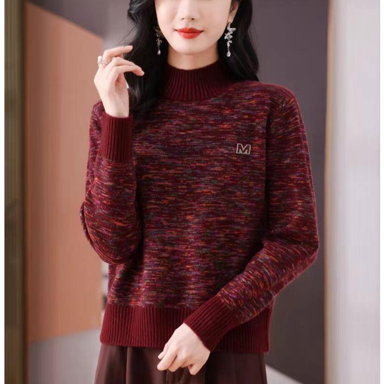 Cashmere Sweater Women Half Turtleneck Pullover Thickened Knitted Sweater and Loose Solid-colored Base Layer