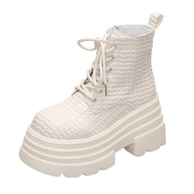 Fashion 9.5CM Women's Chunky Ankle Boots New Autumn Winter Weave Leather Punk Shoes High Platform Casual Leather Short Boots Botas Mujer
