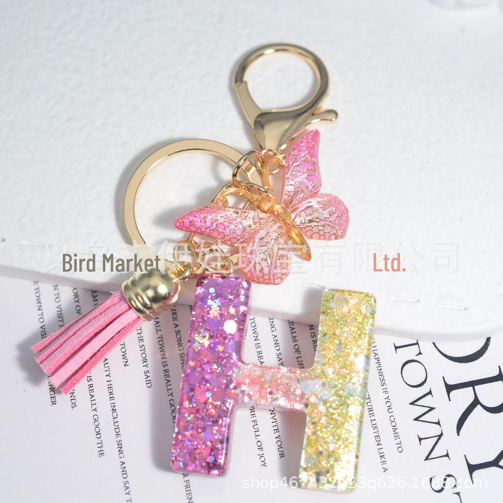 New Sparkling Sequin Initial Keychain with Butterfly Tassel & Crystal Accents
